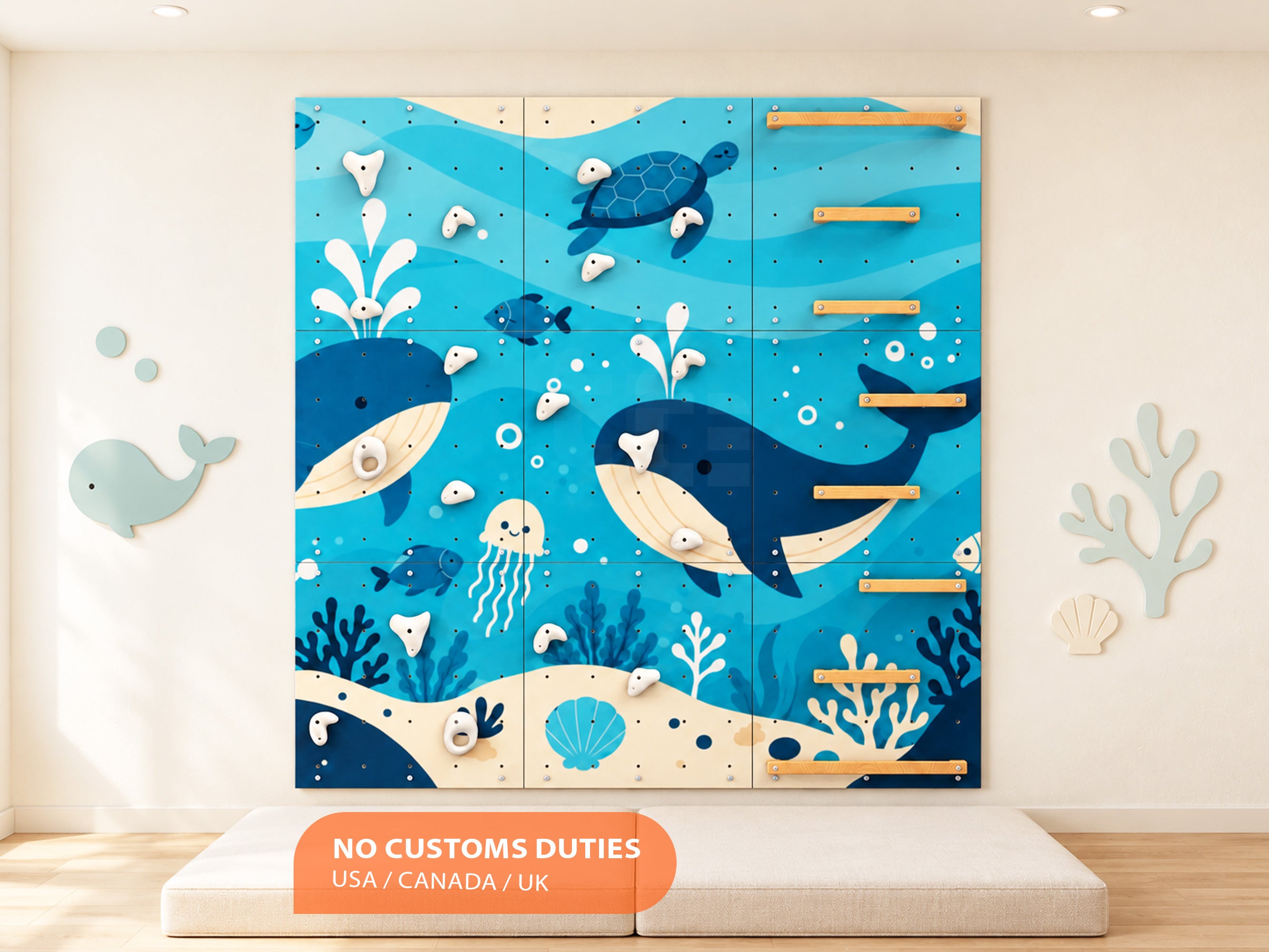 Kids Climbing Wall – Indoor Rock Climbing Wall for Kids Room | Ocean design V1, Custom Made, Climbing Holds Included