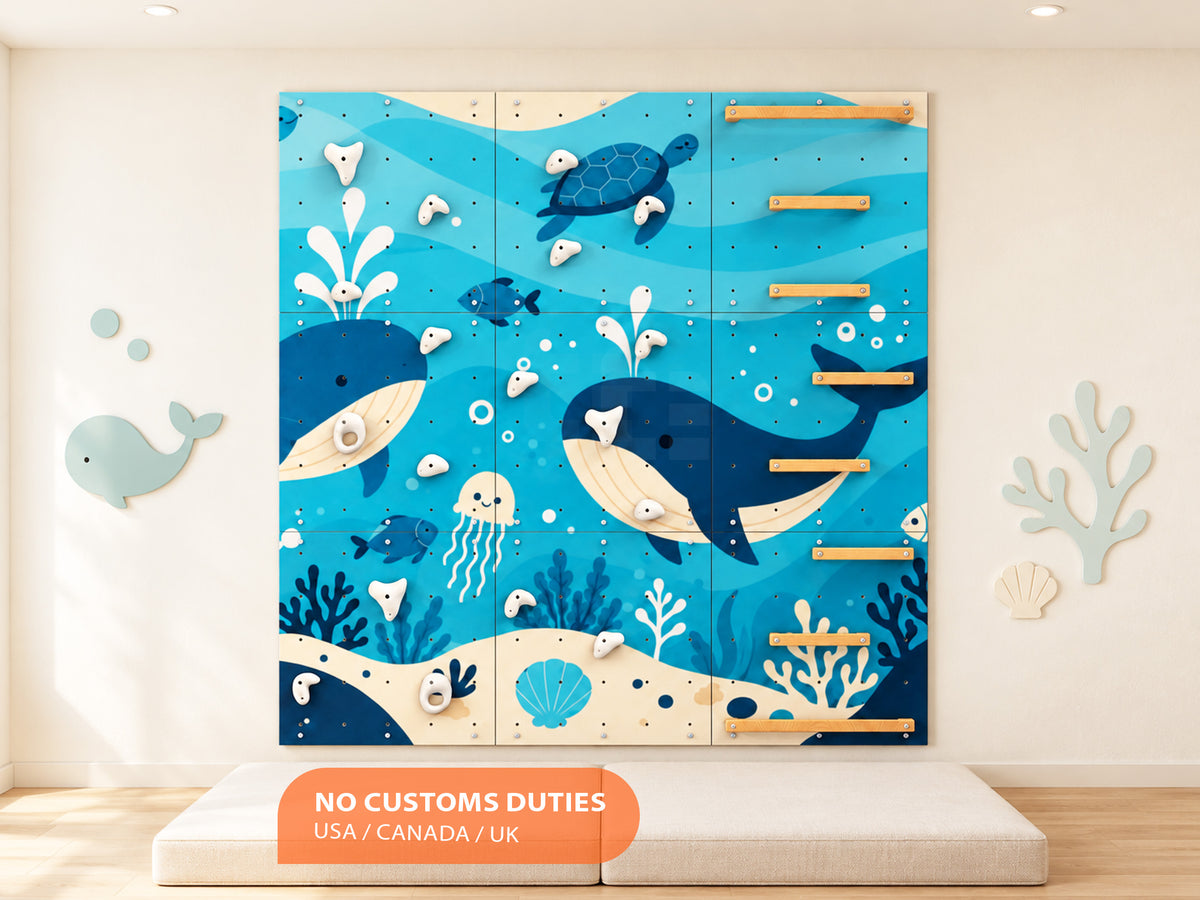 Kids Climbing Wall – Indoor Rock Climbing Wall for Kids Room | Ocean design V1, Custom Made, Climbing Holds Included