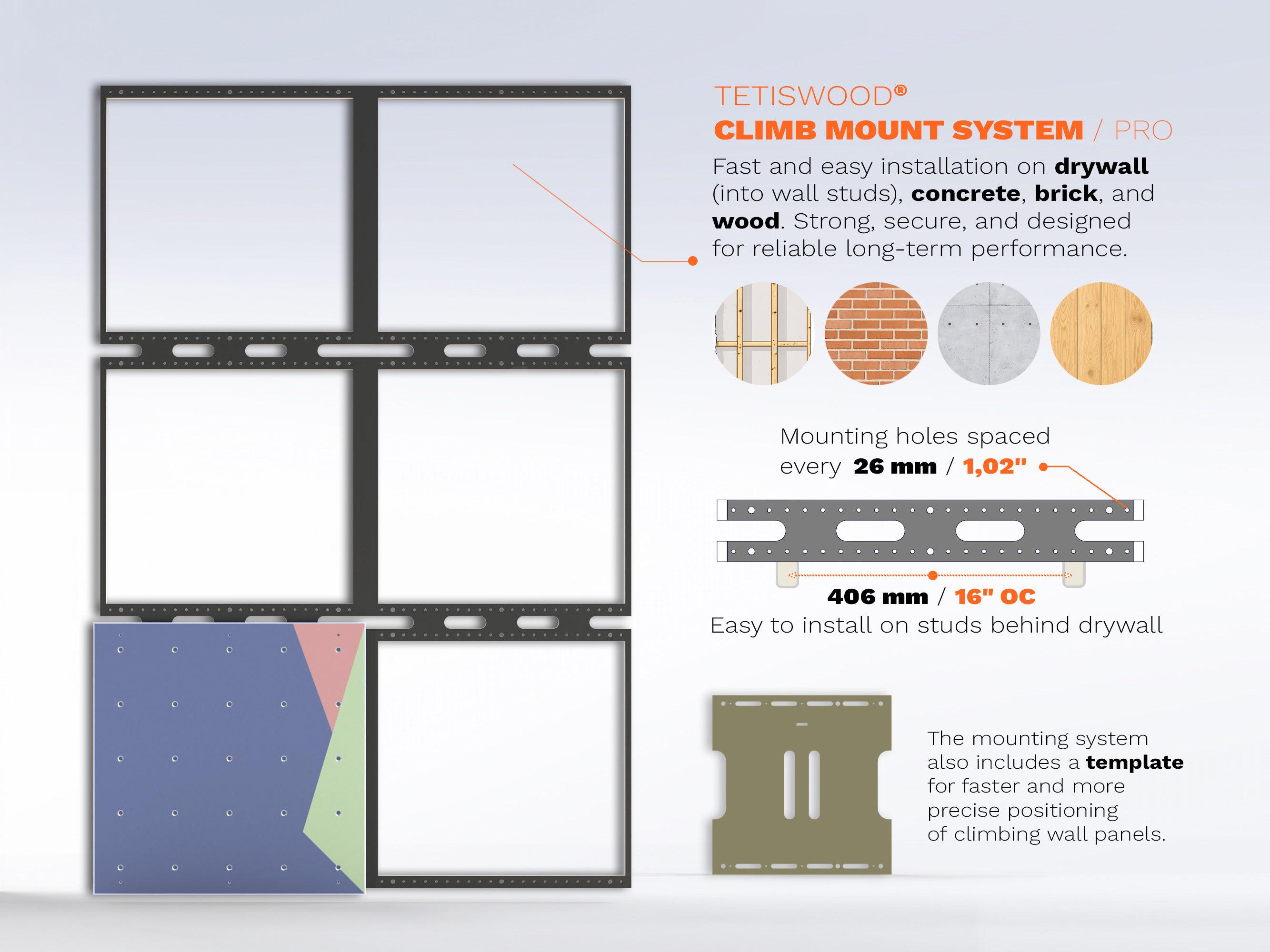 Tetiswood® Climb Mount System - Quick & Easy mounting of climbing panels on Drywall, Concrete, Brick, and Wood