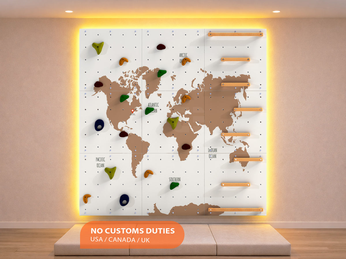 Indoor climbing wall for kids LEZUN - World map V1, Custom made, Climbing Holds included