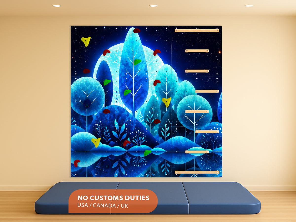 Rock Climbing Wall – Wooden Indoor Play Wall for Kids Room | Forrest design V1 - dark, Custom made, Climbing Holds included