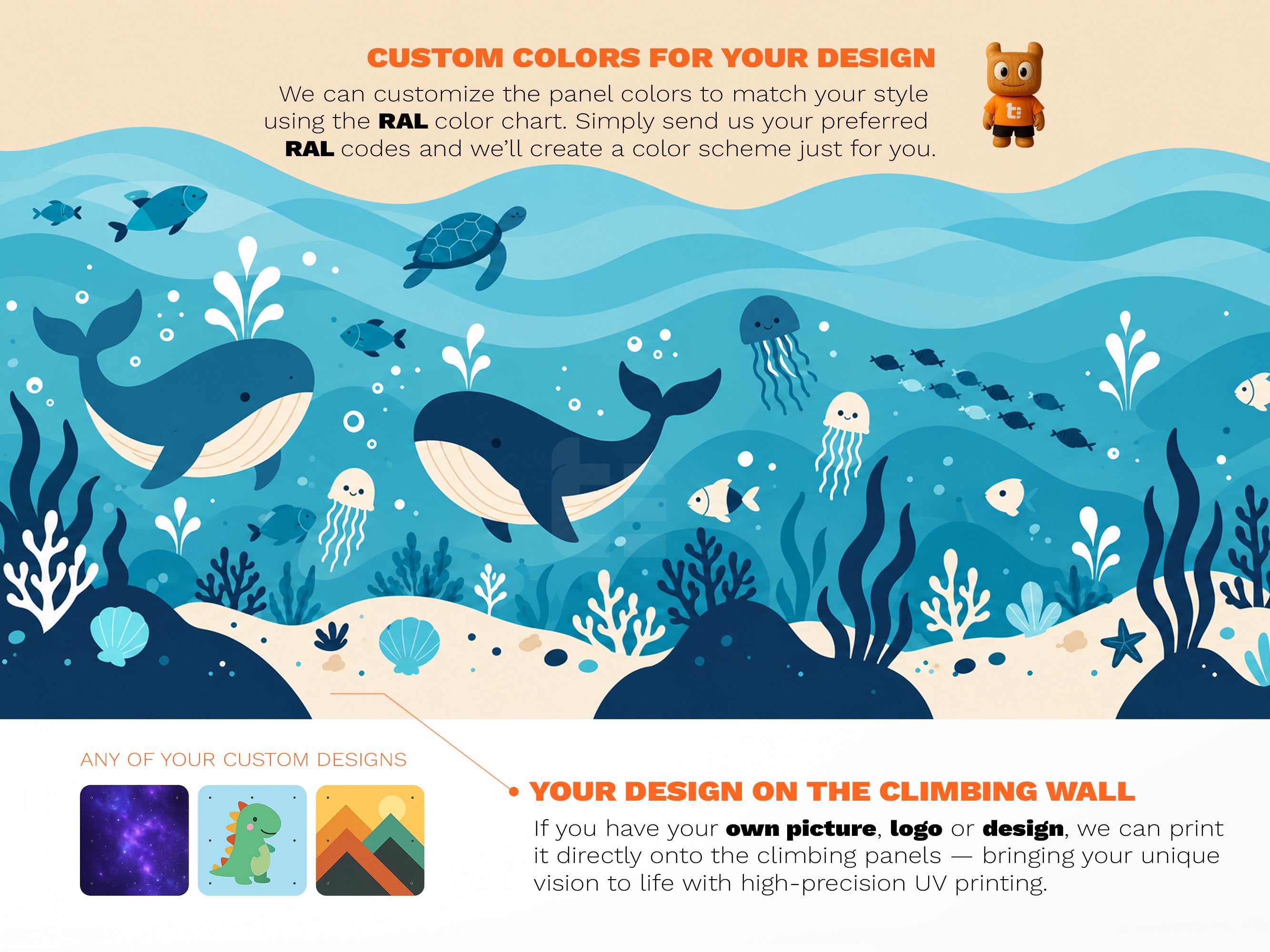 Kids Climbing Wall – Indoor Rock Climbing Wall for Kids Room | Ocean design V1, Custom Made, Climbing Holds Included