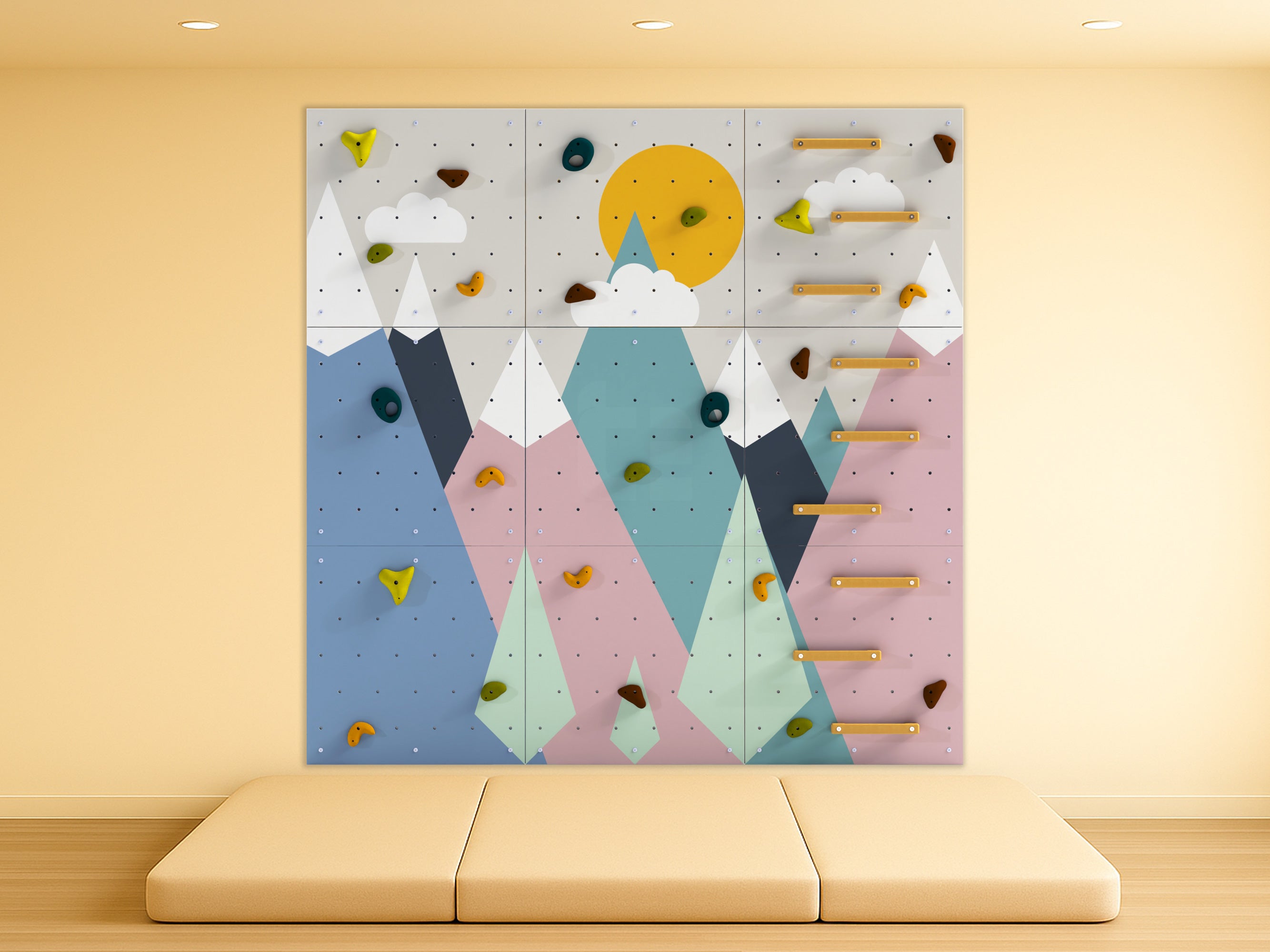 Rock Climbing Wall – Wooden Indoor Play Wall for Kids Room | Mountain design V1, Custom made, Climbing Holds included