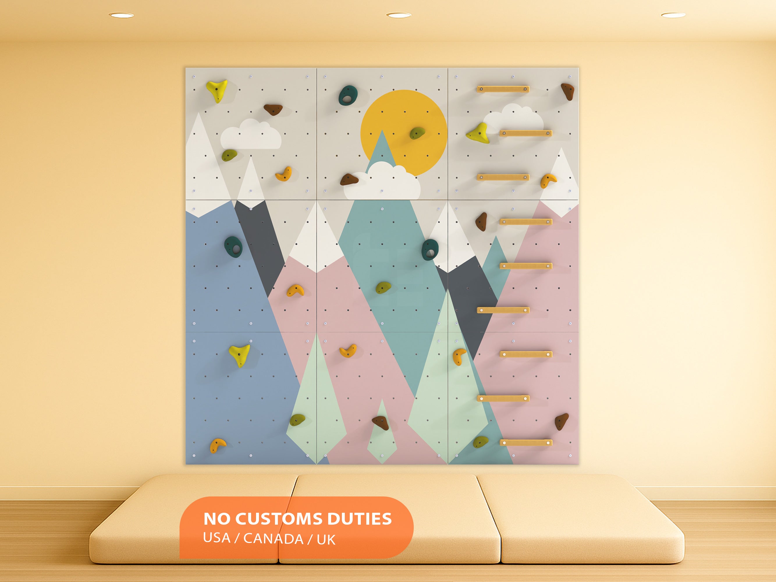 Rock Climbing Wall – Wooden Indoor Play Wall for Kids Room | Mountain design V1, Custom made, Climbing Holds included