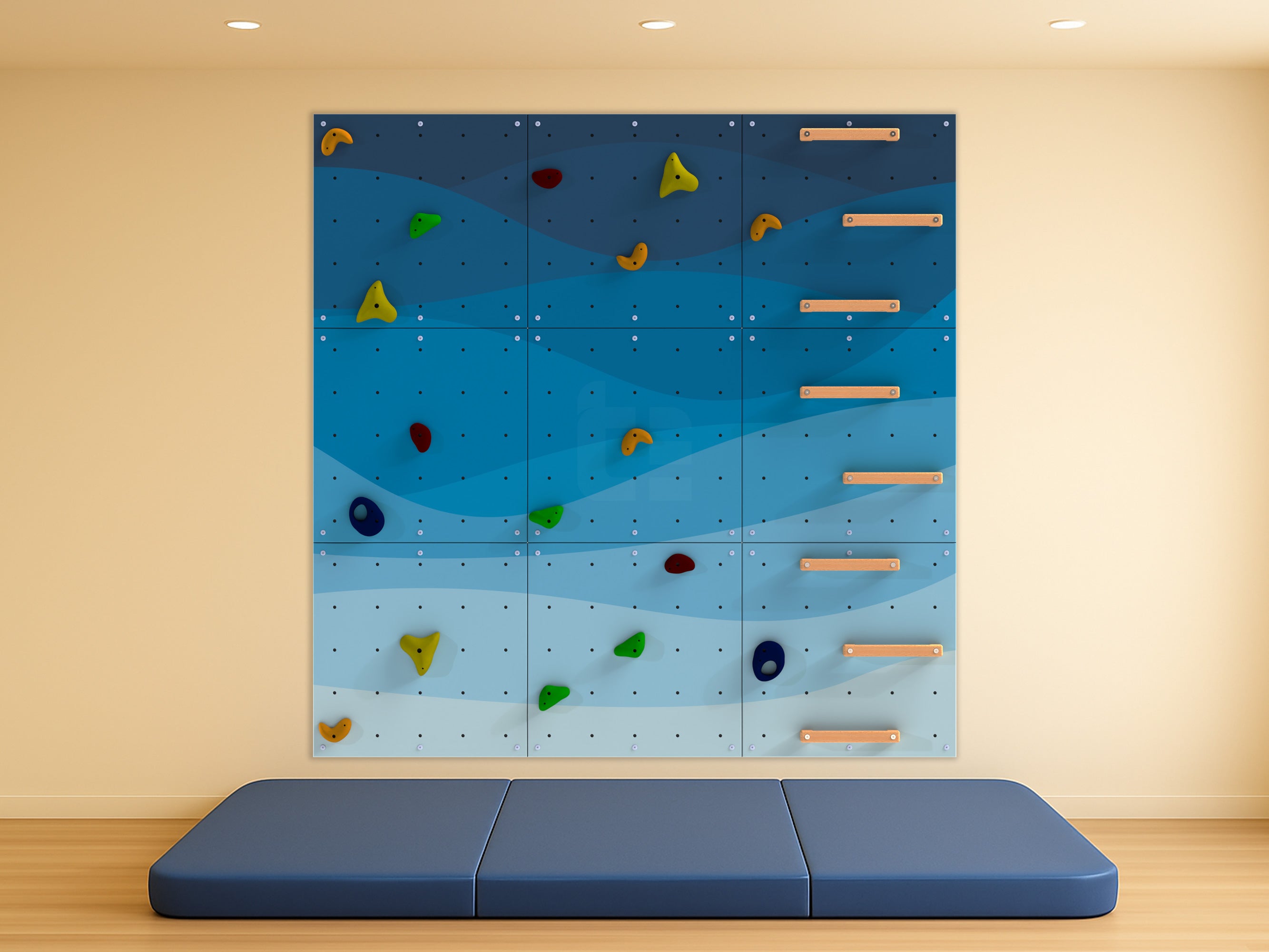 Rock Climbing Wall – Wooden Indoor Play Wall for Kids Room | Abstract design V2 — Waves, Custom made, Climbing Holds included