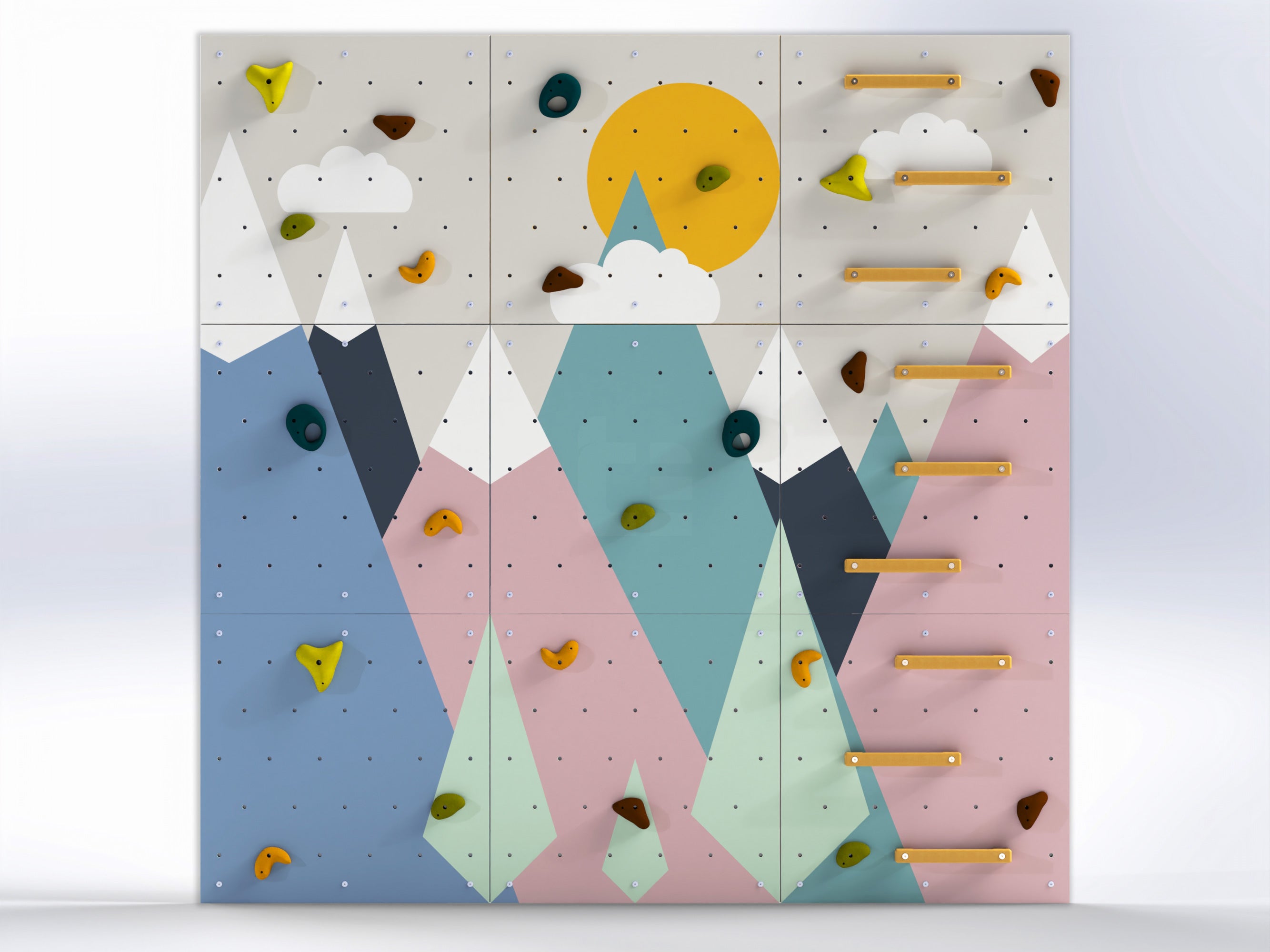 Rock Climbing Wall – Wooden Indoor Play Wall for Kids Room | Mountain design V1, Custom made, Climbing Holds included